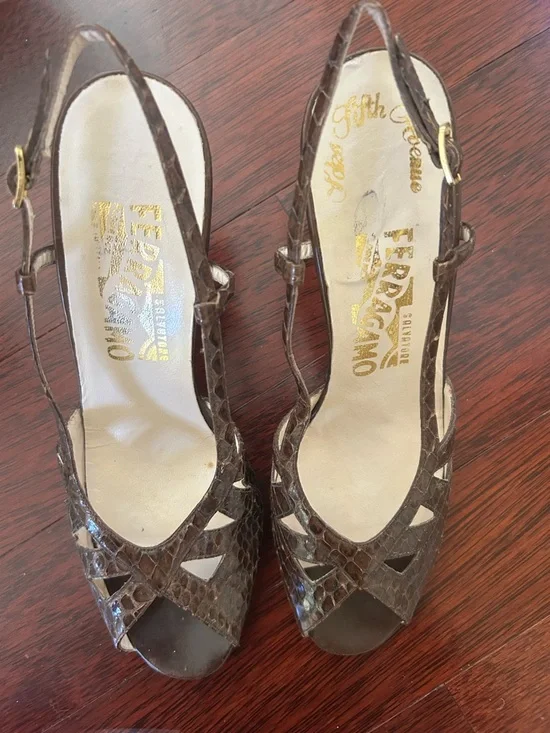 Salvatore Ferragamo Brown Snakeskin Peep-Toe Slingback Heels - Picture 2 of 9